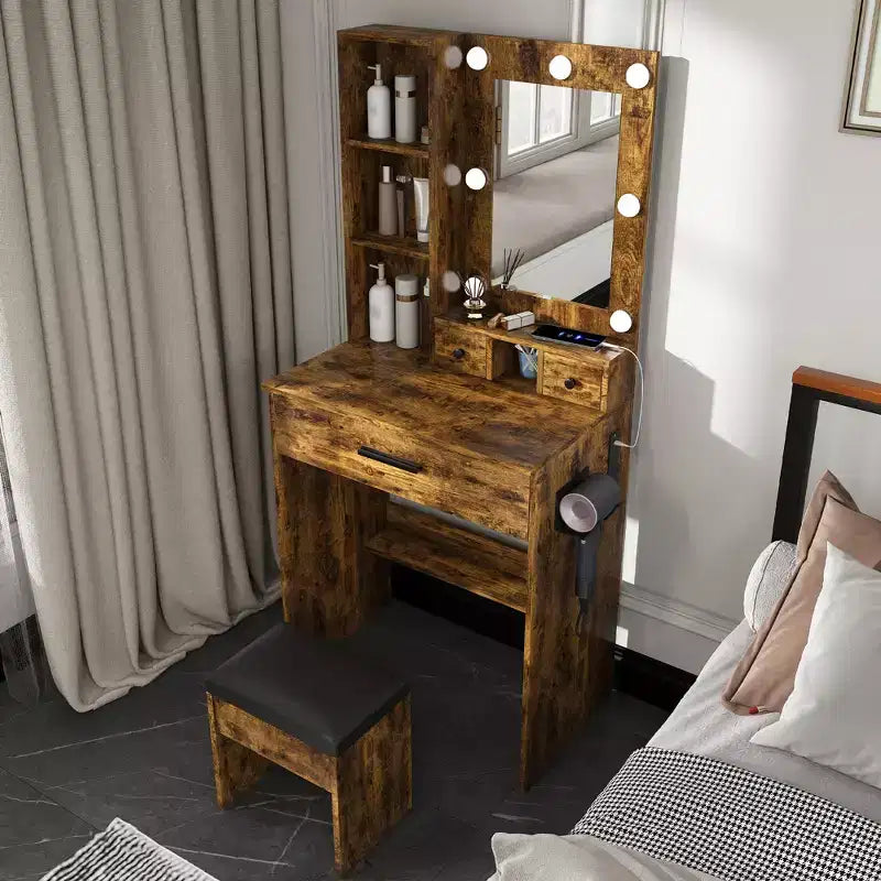 Schminktisch mit Spiegel und einstellbarer LED-Beleuchtung, Steckdose, Haartrocknerhalter und Hocker, kompakter Frisiertisch für kleine Schlafzimmer (Vintage)