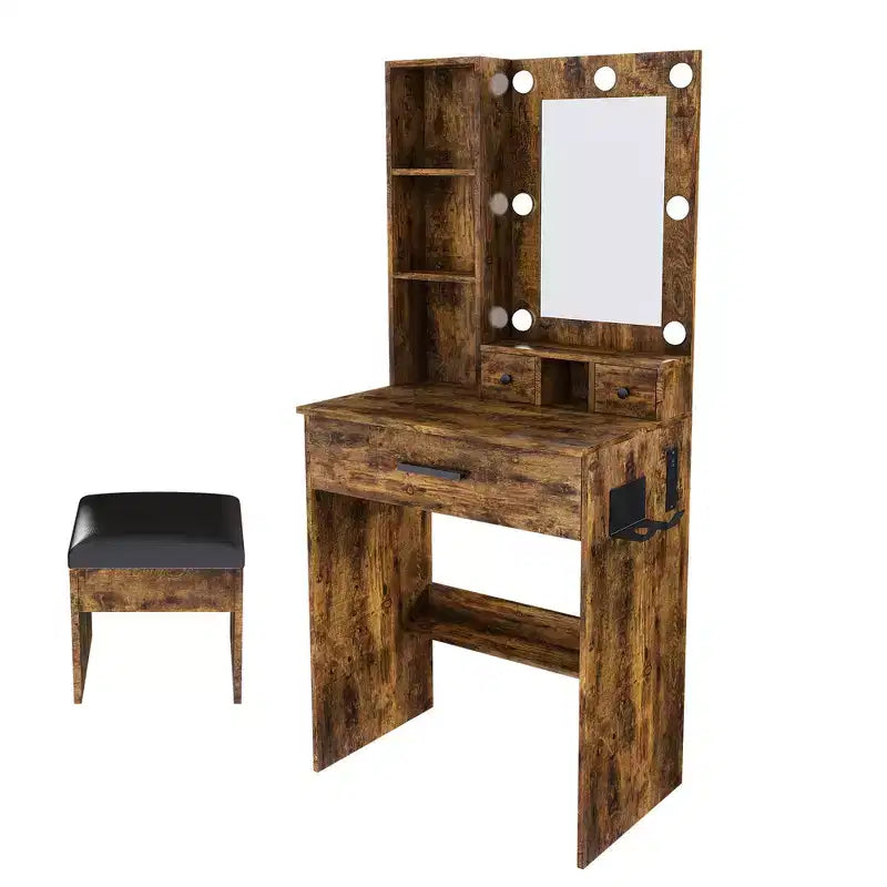 Schminktisch mit Spiegel und einstellbarer LED-Beleuchtung, Steckdose, Haartrocknerhalter und Hocker, kompakter Frisiertisch für kleine Schlafzimmer (Vintage)