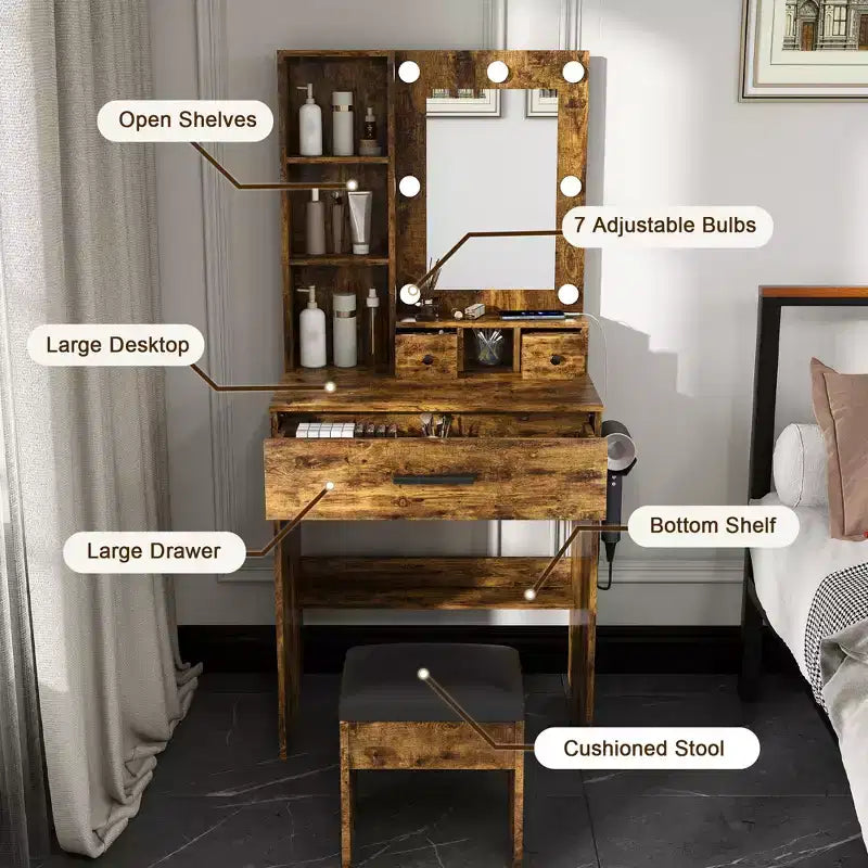 Schminktisch mit Spiegel und einstellbarer LED-Beleuchtung, Steckdose, Haartrocknerhalter und Hocker, kompakter Frisiertisch für kleine Schlafzimmer (Vintage)
