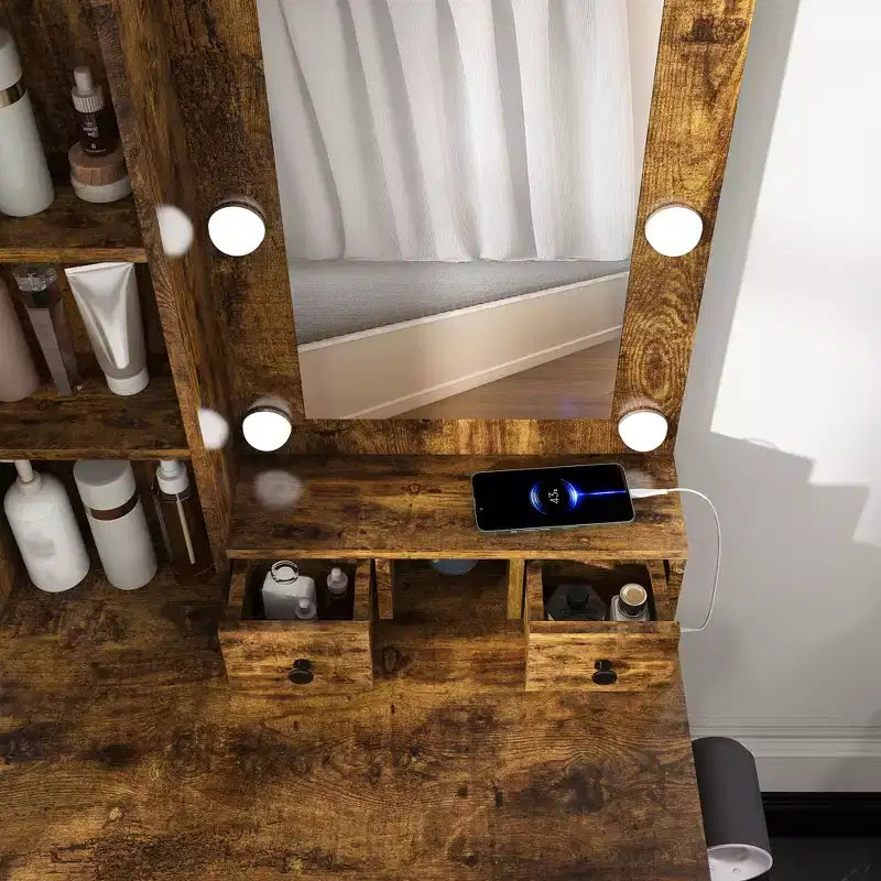 Schminktisch mit Spiegel und einstellbarer LED-Beleuchtung, Steckdose, Haartrocknerhalter und Hocker, kompakter Frisiertisch für kleine Schlafzimmer (Vintage)