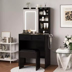 Small Vanity Desk with Mirror and Lights, Makeup Vanity Table with 2 Drawers & Open Shelves & Stool, Dressing Table Set for Bedroom