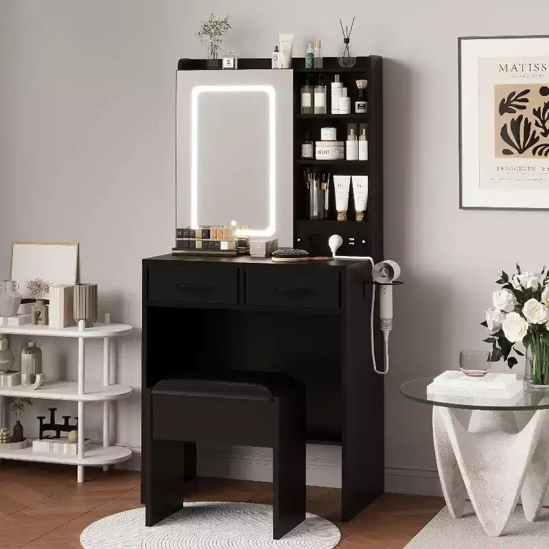 Small Vanity Desk with Mirror and Lights, Makeup Vanity Table with 2 Drawers & Open Shelves & Stool, Dressing Table Set for Bedroom