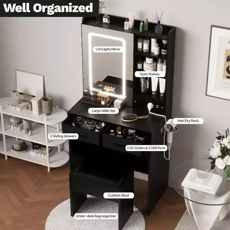 Kleiner Schminktisch mit Spiegel und Beleuchtung, Schminktisch mit 2 Schubladen, offenen Ablagefächern und Hocker, Schminktisch-Set für das Schlafzimmer