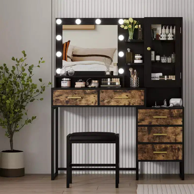 Large Makeup Vanity and Stool, Vanity Table with Mirror and Lights, Makeup Table with Charging Station, Drawers and LED Bulbs