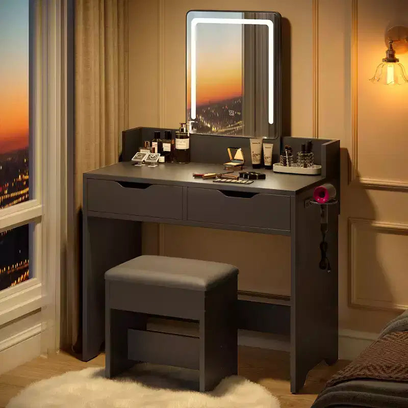 Bestier Vanity Desk Set with Lighted Mirror, Bedroom Makeup Table and Stool Set with Hair Dryer Holder, 31 Vanity Table and Chair with 2 Drawers