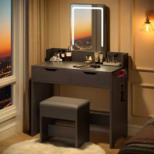 Bestier Vanity Desk Set with Lighted Mirror, Bedroom Makeup Table and Stool Set with Hair Dryer Holder, 31 Vanity Table and Chair with 2 Drawers