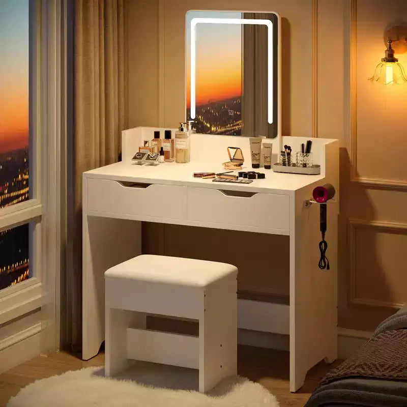 Conjunto de escritorio tocador Bestier con espejo iluminado, mesa de maquillaje y taburete para dormitorio, soporte para secador de pelo, mesa tocador de 31 y silla con 2 cajones