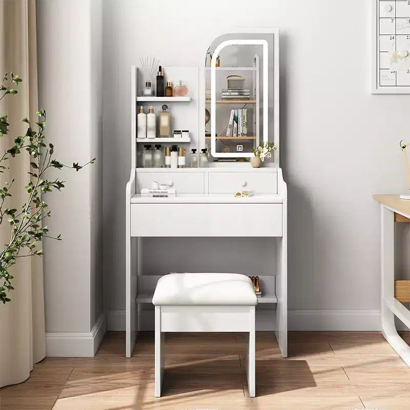 Vanity Desk with Mirror and Light , Makeup Vanity Table with Hair Dryer Holder, Dressing Table Make Up Desk with Chair and 3 Drawers