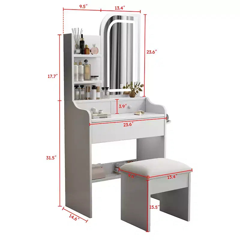 Schminktisch mit Spiegel und Beleuchtung, Schminktisch mit Haartrocknerhalter, Frisiertisch mit Stuhl und 3 Schubladen