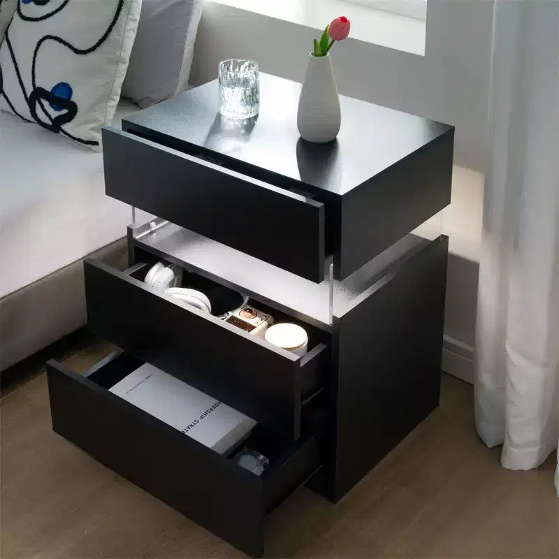 Nightstand with 3 Drawers, Modern Bed Side Table with Acrylic Board, RGB LED Lights, Bedroom End Table, Small Night Stands
