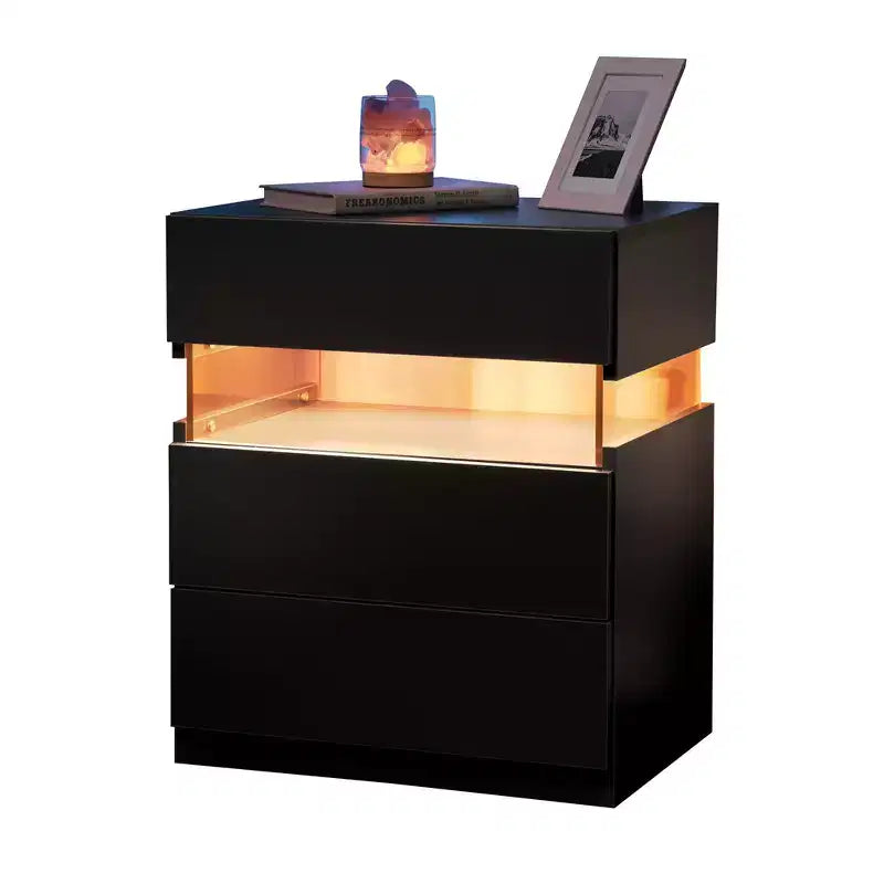 Nightstand with 3 Drawers, Modern Bed Side Table with Acrylic Board, RGB LED Lights, Bedroom End Table, Small Night Stands
