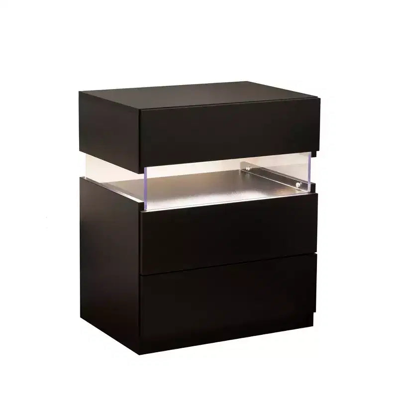Nightstand with 3 Drawers, Modern Bed Side Table with Acrylic Board, RGB LED Lights, Bedroom End Table, Small Night Stands