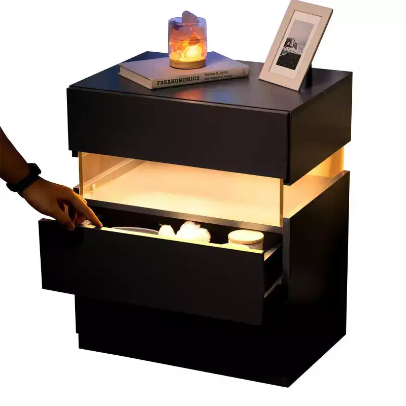 Nightstand with 3 Drawers, Modern Bed Side Table with Acrylic Board, RGB LED Lights, Bedroom End Table, Small Night Stands