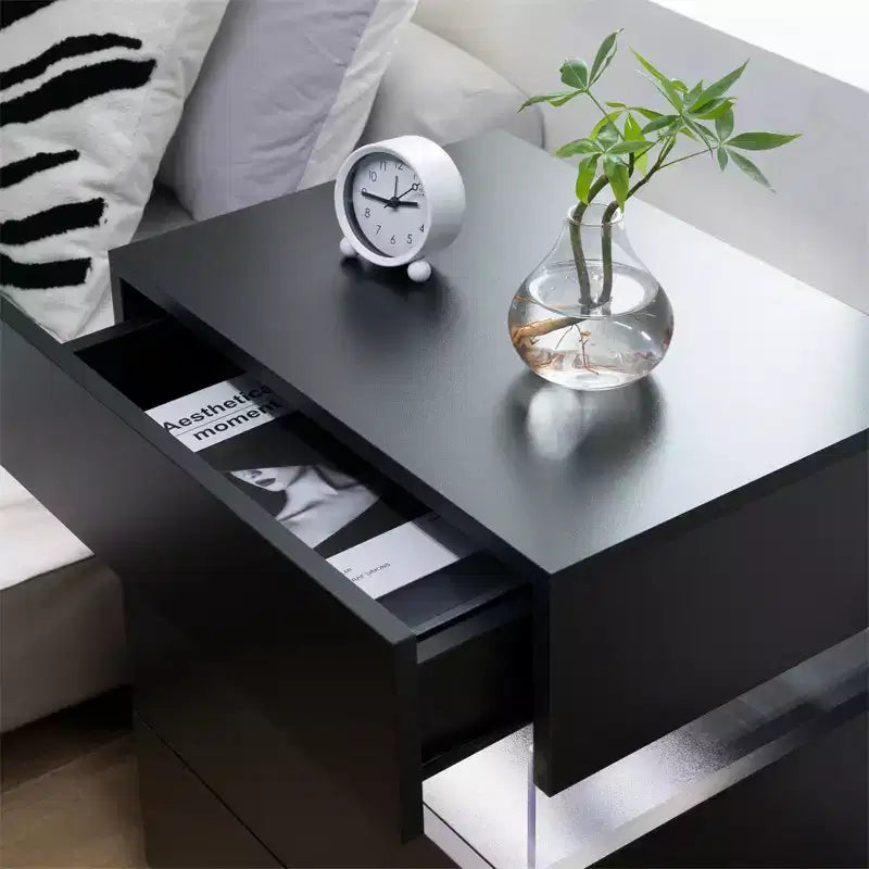 Nightstand with 3 Drawers, Modern Bed Side Table with Acrylic Board, RGB LED Lights, Bedroom End Table, Small Night Stands