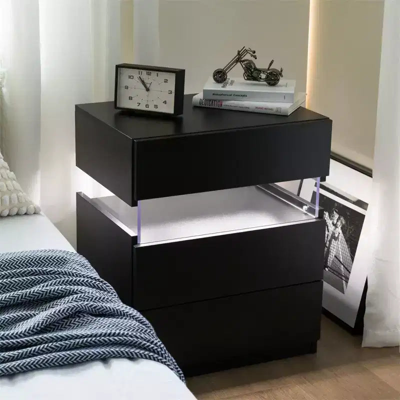 Nightstand with 3 Drawers, Modern Bed Side Table with Acrylic Board, RGB LED Lights, Bedroom End Table, Small Night Stands