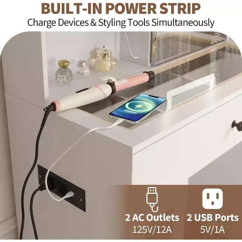 Vanity Desk with Mirror and Lights,Adjustable Brightness Vanity Table with Drawers & Cabinets, Storage,Power Outlet,Makeup Dressing Table