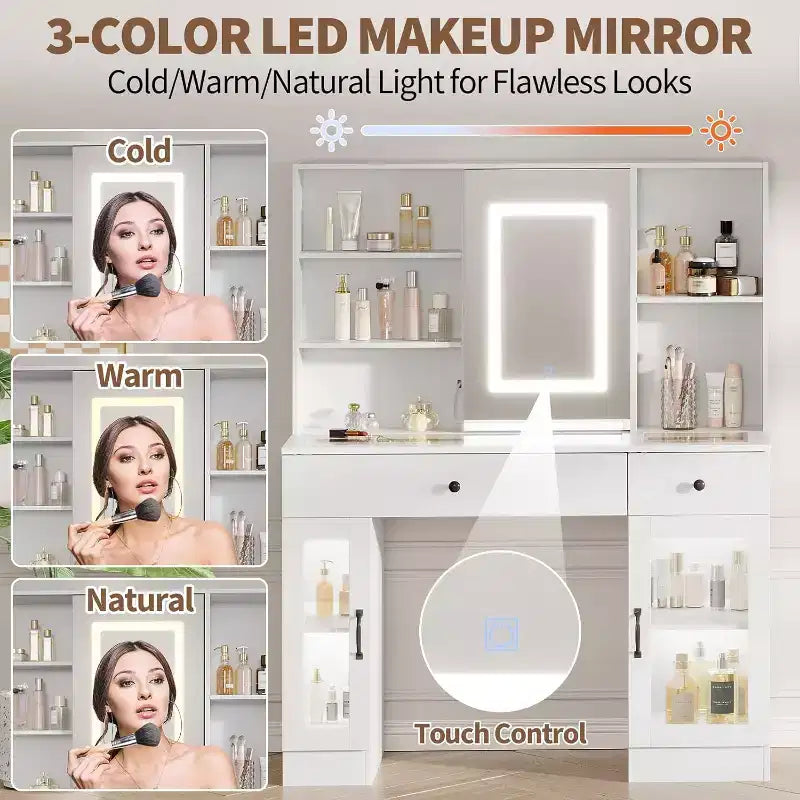 Vanity Desk with Mirror and Lights,Adjustable Brightness Vanity Table with Drawers & Cabinets, Storage,Power Outlet,Makeup Dressing Table