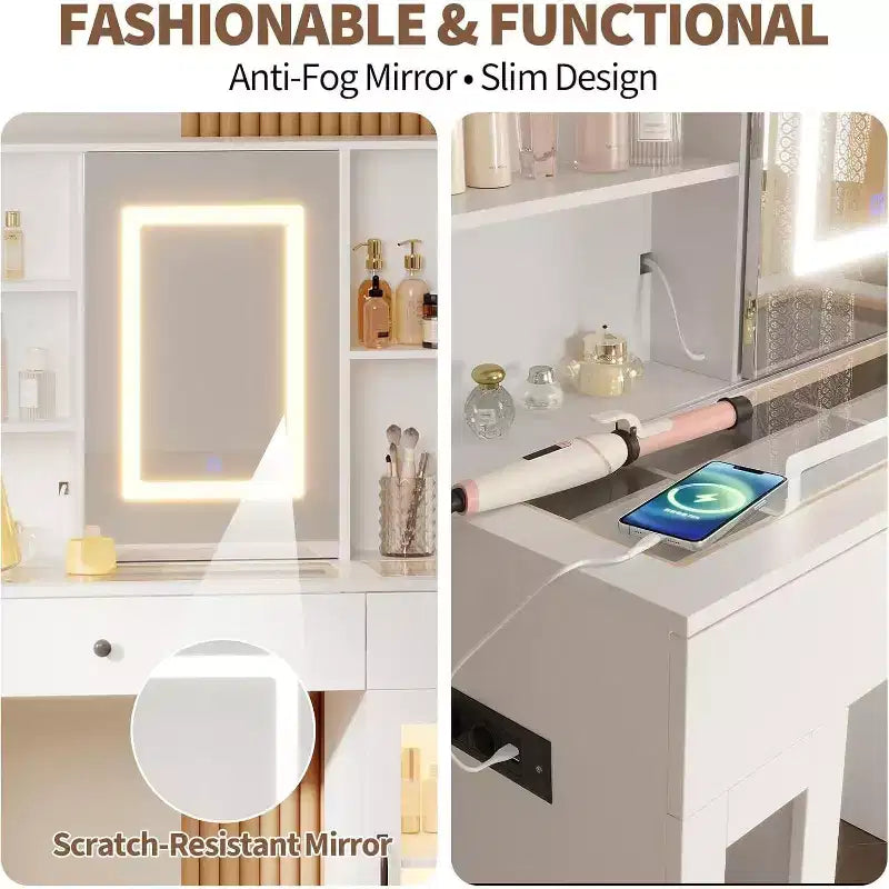 Vanity Desk with Mirror and Lights,Adjustable Brightness Vanity Table with Drawers & Cabinets, Storage,Power Outlet,Makeup Dressing Table