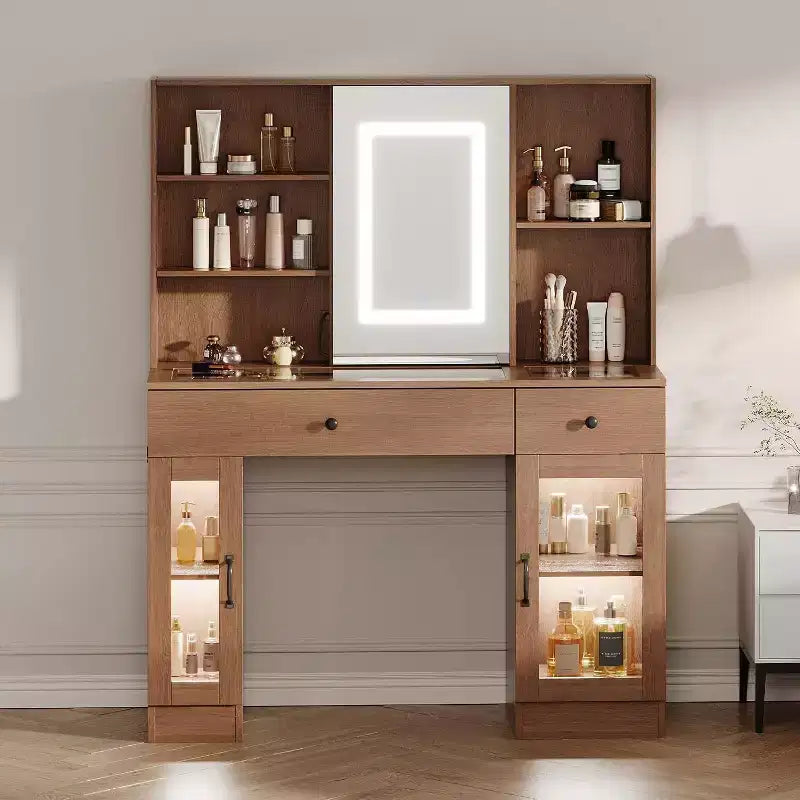 Vanity Desk with Mirror and Lights,Adjustable Brightness Vanity Table with Drawers & Cabinets, Storage,Power Outlet,Makeup Dressing Table