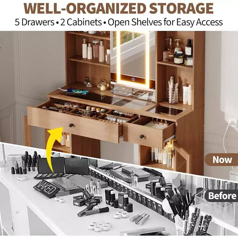 Vanity Desk with Mirror and Lights,Adjustable Brightness Vanity Table with Drawers & Cabinets, Storage,Power Outlet,Makeup Dressing Table