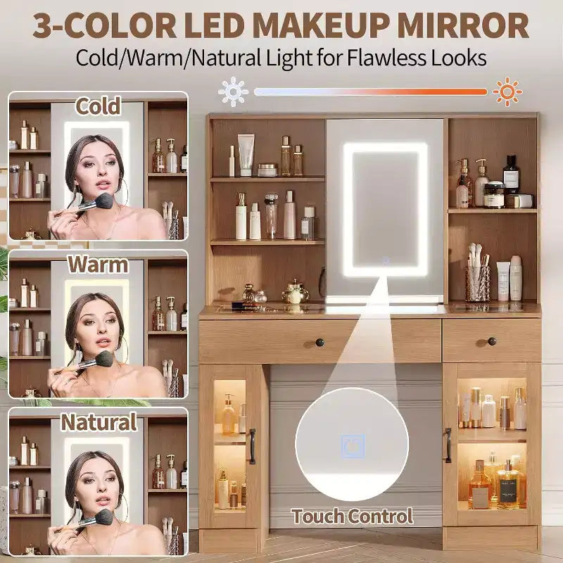Vanity Desk with Mirror and Lights,Adjustable Brightness Vanity Table with Drawers & Cabinets, Storage,Power Outlet,Makeup Dressing Table