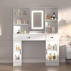 Vanity Desk with Mirror and Lights,Adjustable Brightness Vanity Table with Drawers & Cabinets, Storage,Power Outlet,Makeup Dressing Table