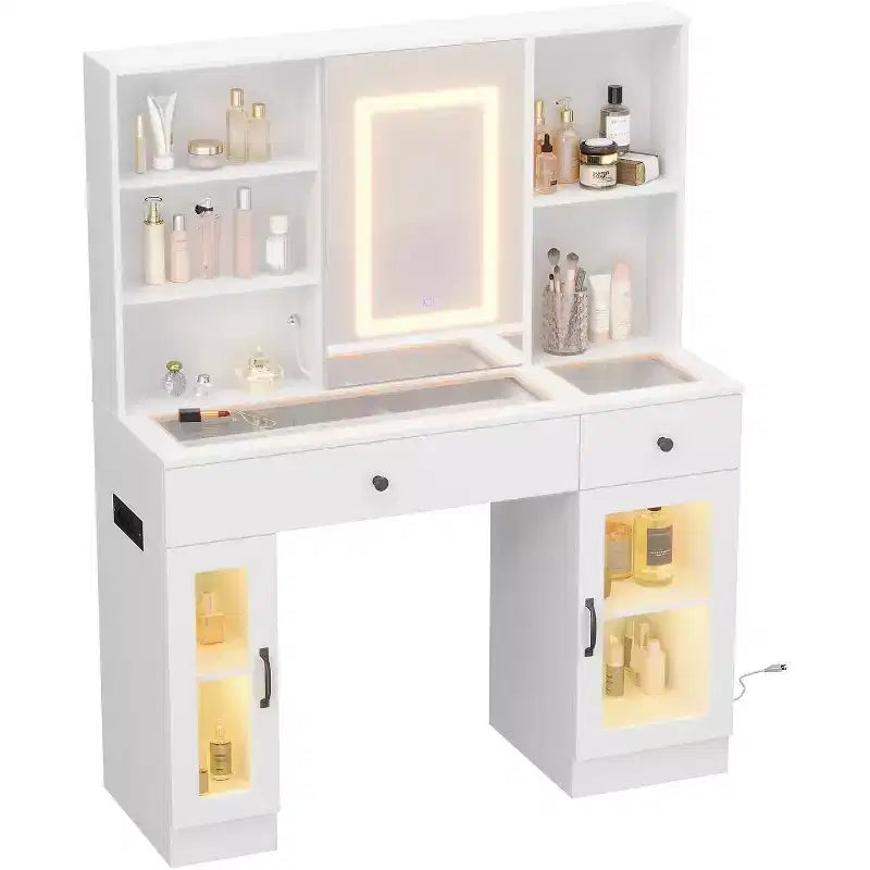 Escritorio tocador con espejo y luces, mesa de tocador con brillo ajustable, cajones y armarios, espacio de almacenamiento, toma de corriente y mesa de maquillaje