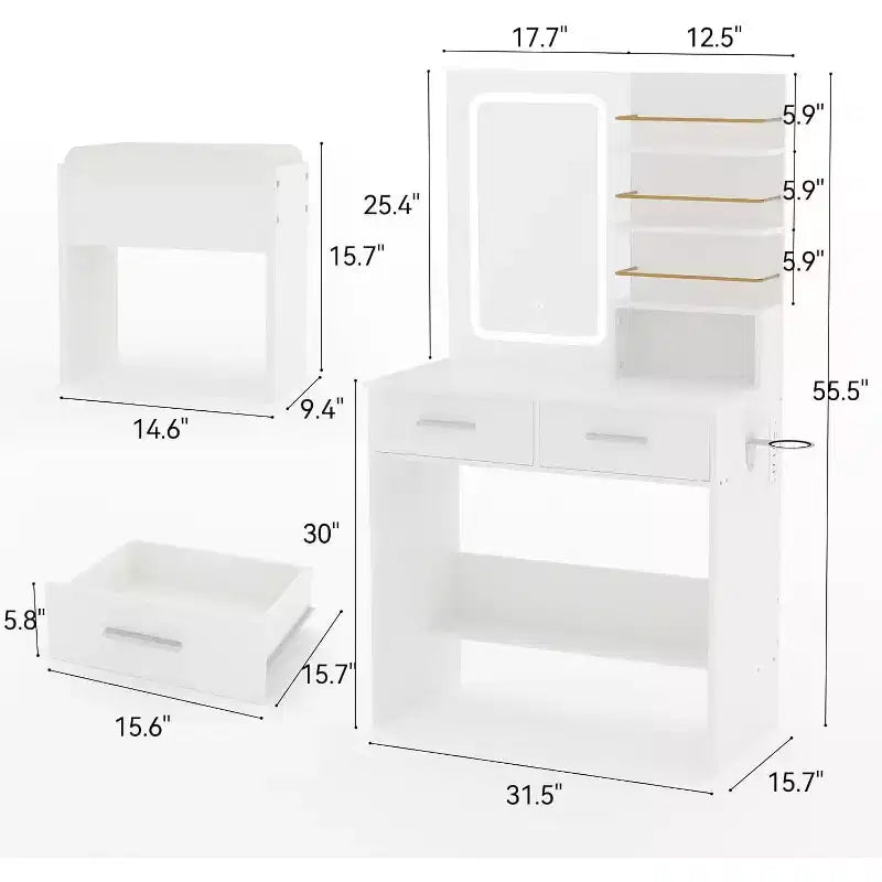 Vanity Desk Table with Lighted Mirror ,Makeup Vanity with Power Outlet 3 Colors Lighting Adjustable Brightness Vanity Table for Women