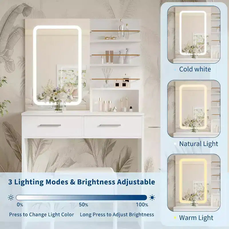Vanity Desk Table with Lighted Mirror ,Makeup Vanity with Power Outlet 3 Colors Lighting Adjustable Brightness Vanity Table for Women