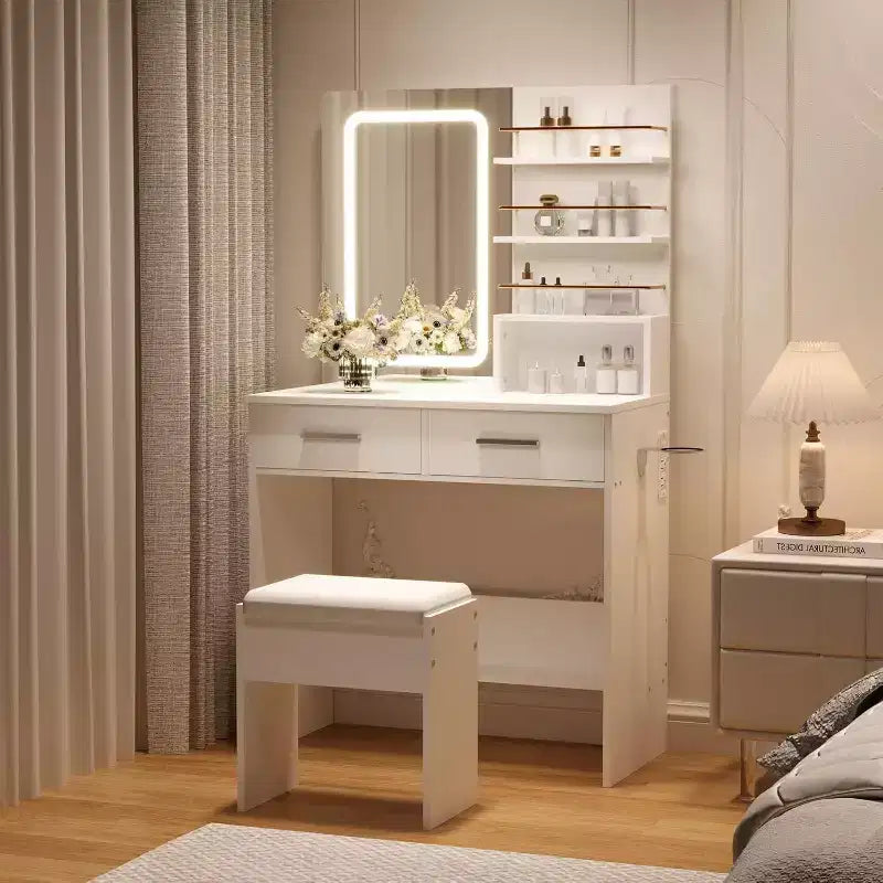 Vanity Desk Table with Lighted Mirror ,Makeup Vanity with Power Outlet 3 Colors Lighting Adjustable Brightness Vanity Table for Women