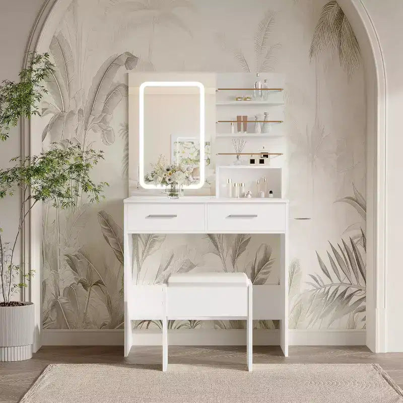 Vanity Desk Table with Lighted Mirror ,Makeup Vanity with Power Outlet 3 Colors Lighting Adjustable Brightness Vanity Table for Women