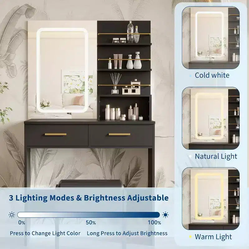 Vanity Desk Table with Lighted Mirror ,Makeup Vanity with Power Outlet 3 Colors Lighting Adjustable Brightness Vanity Table for Women