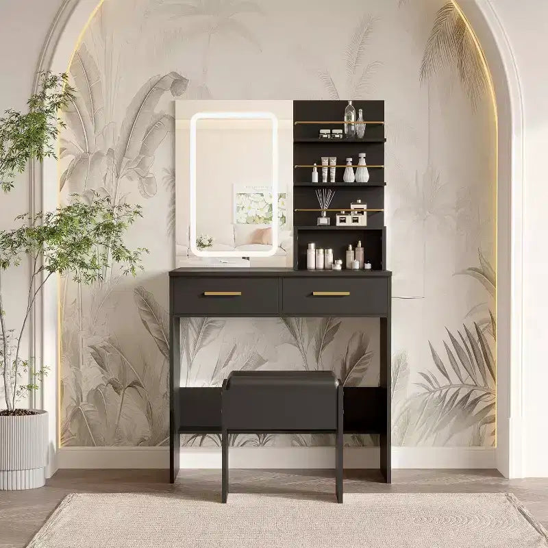 Vanity Desk Table with Lighted Mirror ,Makeup Vanity with Power Outlet 3 Colors Lighting Adjustable Brightness Vanity Table for Women