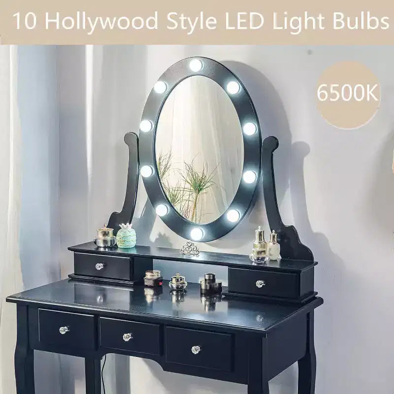 Moderner Schminktisch mit Spiegeln und LED-Beleuchtung, hölzerner 2-in-1-Kosmetik- und Frisiertisch mit Stühlen, Schubladen und Stauraum fürs Schlafzimmer