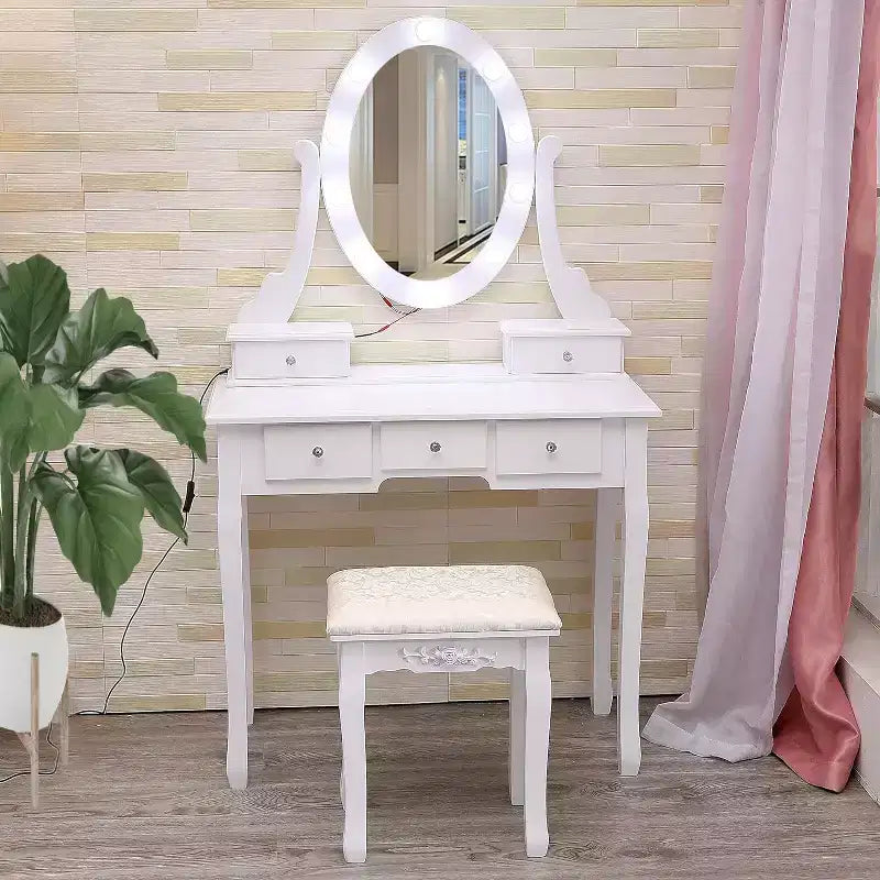 Tocador moderno con espejos y luz LED, mesa de maquillaje y tocador de madera 2 en 1 con sillas, cajones y almacenamiento, para dormitorio