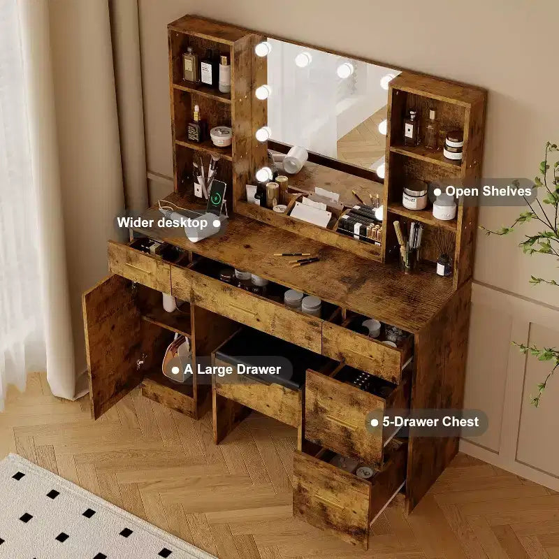 Modern fésülködőasztal tükörrel és világítással, beépített konnektorral, fiókokkal és szekrényekkel, nyitott tárolóhellyel, zsámollyal hálószobába