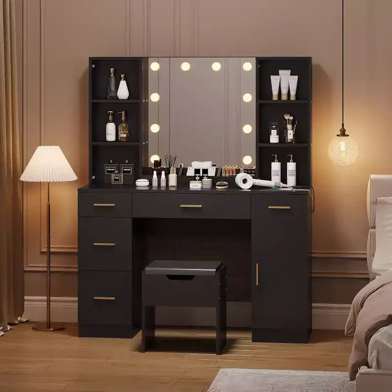 Modern Vanity Desk Table With Mirror and Lights,Built-in Power Outlet with Drawers & Cabinets,Open Storage,Vanity Table With Stool for Bedroom