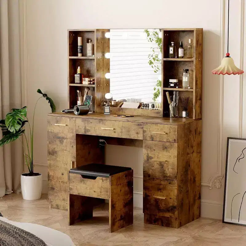 Escritorio tocador moderno con espejo y luces, toma de corriente integrada, cajones y armarios, almacenamiento abierto y taburete para el dormitorio