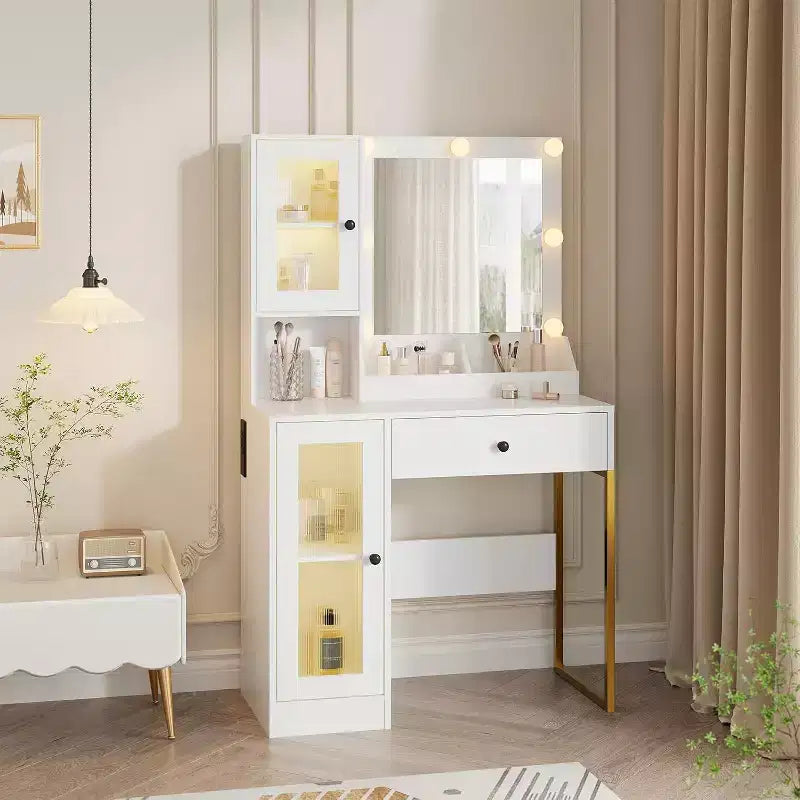 Escritorio tocador con espejo, mesa tocador para maquillaje con patas metálicas, cajones y armarios de almacenamiento para dormitorio, sala de maquillaje o vestidor