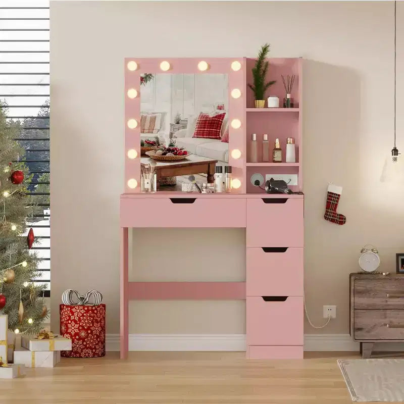 Vanity Desk with Mirror, Modern Makeup Vanity Table with 4 Drawers and 3 Storage Shelves Dressing Table for Bedroom, Dressing Room, Cloakroom