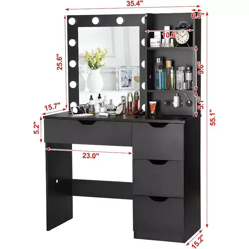 Vanity Desk with Mirror, Modern Makeup Vanity Table with 4 Drawers and 3 Storage Shelves Dressing Table for Bedroom, Dressing Room, Cloakroom