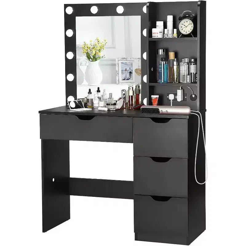 Vanity Desk with Mirror, Modern Makeup Vanity Table with 4 Drawers and 3 Storage Shelves Dressing Table for Bedroom, Dressing Room, Cloakroom