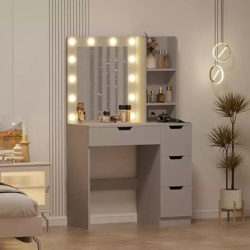 Vanity Desk with Mirror, Modern Makeup Vanity Table with 4 Drawers and 3 Storage Shelves Dressing Table for Bedroom, Dressing Room, Cloakroom