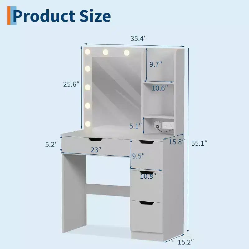 Vanity Desk with Mirror, Modern Makeup Vanity Table with 4 Drawers and 3 Storage Shelves Dressing Table for Bedroom, Dressing Room, Cloakroom