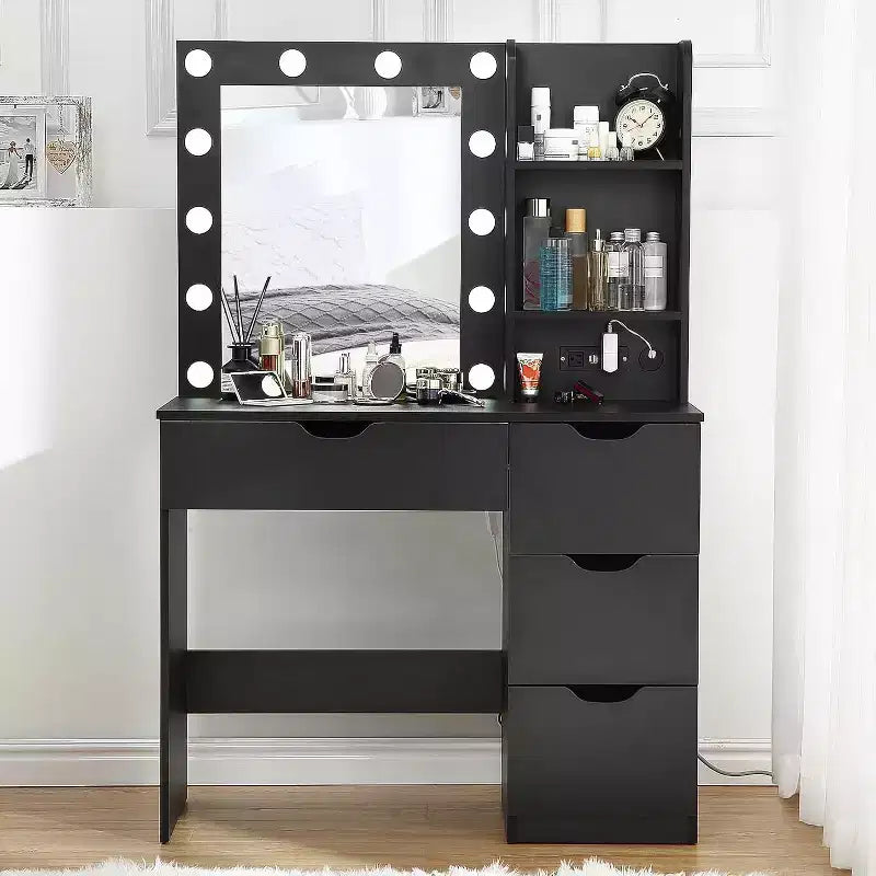 Vanity Desk with Mirror, Modern Makeup Vanity Table with 4 Drawers and 3 Storage Shelves Dressing Table for Bedroom, Dressing Room, Cloakroom