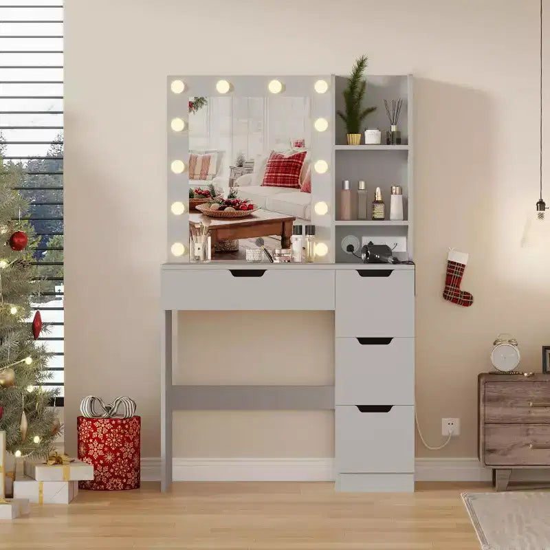 Escritorio tocador con espejo, mesa de maquillaje moderna con 4 cajones y 3 estantes de almacenamiento, mesa de tocador para dormitorio, vestidor o guardarropa