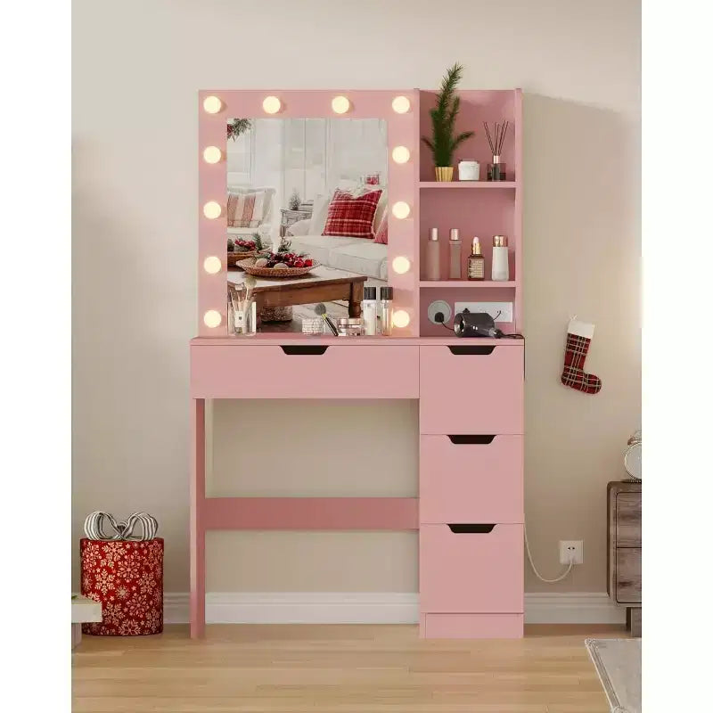 Escritorio tocador con espejo, mesa de maquillaje moderna con 4 cajones y 3 estantes de almacenamiento, mesa de tocador para dormitorio, vestidor o guardarropa