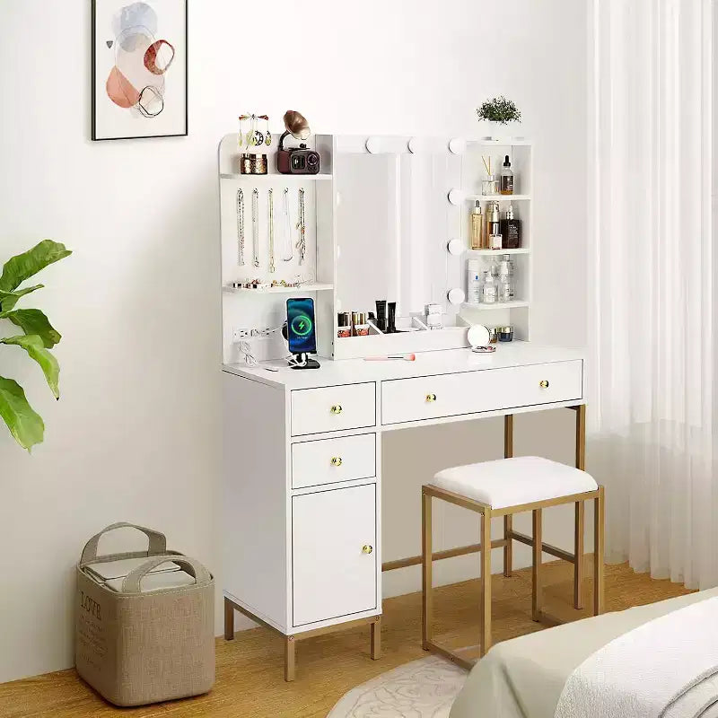 Schminktisch mit Spiegel, modernes Schminktisch-Set mit Stuhl, Schminktisch mit Schubladen, Aufbewahrungsschrank, Ablagefächern und Schmuckhaken