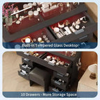 46 Modern Makeup Dressing Table Set with Mirror, with Glass Top, Magnifying Glass, Hairdryer Holder 10 Drawers and Stool for Bedroom, Cloakroom
