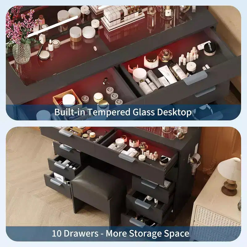46 Modern Makeup Dressing Table Set with Mirror, with Glass Top, Magnifying Glass, Hairdryer Holder 10 Drawers and Stool for Bedroom, Cloakroom
